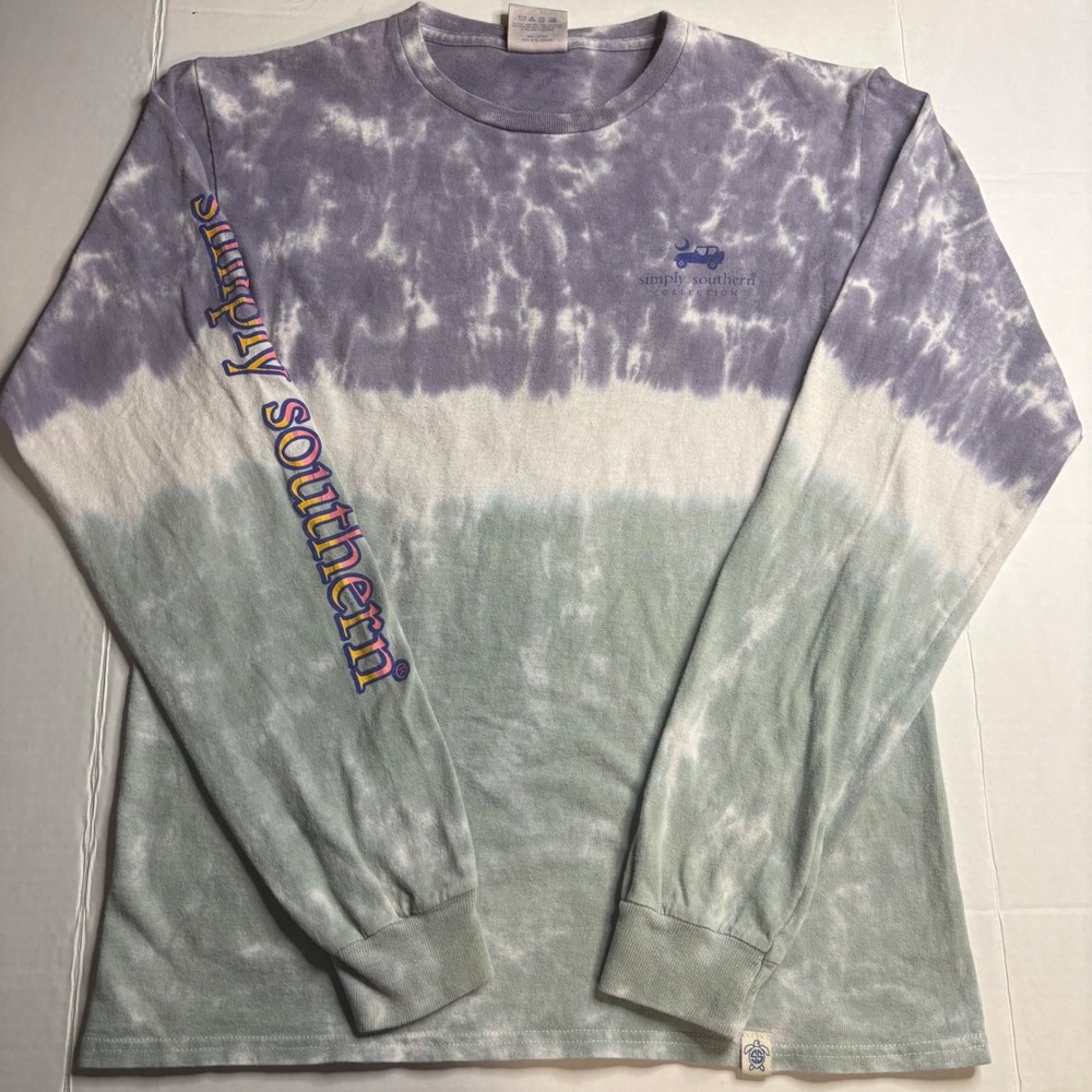 Simply Southern Mountain Air Tie Dye Long Sleeve Graphic Tee Purple Green Small